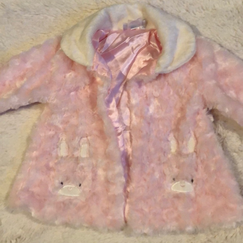 Soft pink and white coat with bunny faces and tail